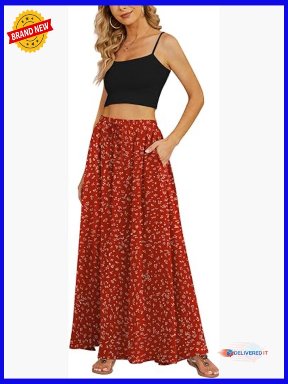 Flowy Pleated Maxi Skirt with Pockets Elastic Waist